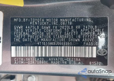 2018 Toyota Camry Se from USA, damaged, VIN 4T1B11HK6JU668991